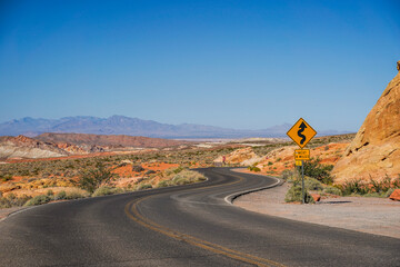 Valley of Fire State Park in Moapa Valley, Nevada. Curvy road through the park.