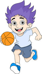 a purple haired boy was playing basketball