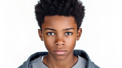 closeup photo portrait of a handsome young black african afro american model teen boy looking forward. child ad with copyspace. isolated on white background --ar 16:9