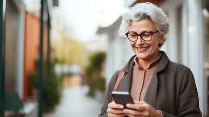Happy senior female holding smartphone using mobile phone app. Technology, communication, happy adult woman with smartphone at home, recreation, communication, sociality, hobbies, adaptation, AI gen - obrazy, fototapety, plakaty