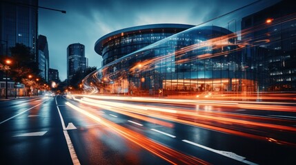 Obraz premium Light trails on the modern building background. Light trails at night in urban environment, Abstract Motion Blur City, traffic, transportation, street, road, speed