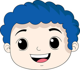 a curly blue haired boy's head with happy face