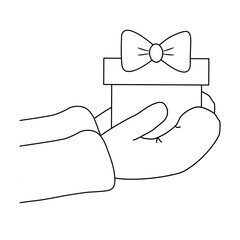 Hands in mitten holding gift box with bow, doodle style flat vector outline for coloring book