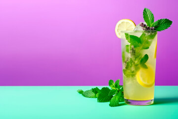 Citrus Bliss: Freshly Made Lemonade with Mint, a Cold and Invigorating Beverage Ideal for Hot Summer Days and Refreshing Moments., Lilac and Turquoise Background.