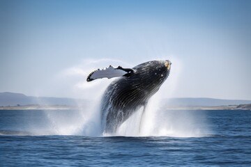 Fototapeta premium Humpback whale jumps out of the water on a sunny day. Generative AI.