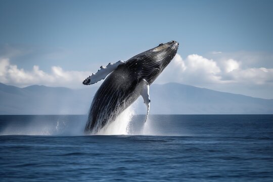 Humpback whale jumping out of the water. Generative AI. 