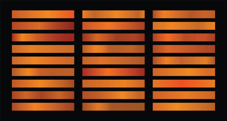 Orange glossy gradient, metal foil texture. Color swatch set. Collection of high quality vector gradients. Shiny metallic background. Design element.