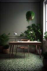 Stylish office interior with lots of indoor plants. Eco-friendly. AI generating