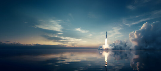 Rocket launch over water at dawn: spaceship taking off with full propulsion and immense fire, producing huge clouds of smoke, copy space - obrazy, fototapety, plakaty