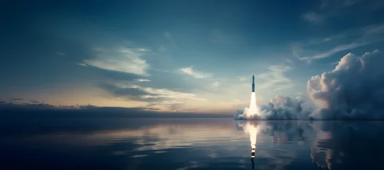 Papier Peint photo Lavable Blue nuit Rocket launch over water at dawn: spaceship taking off with full propulsion and immense fire, producing huge clouds of smoke, copy space