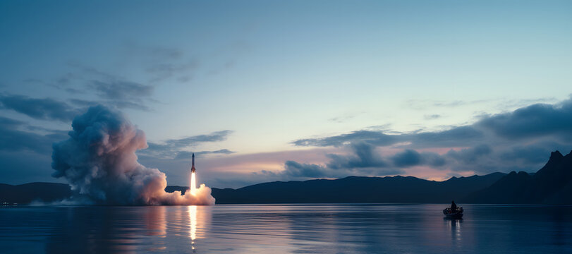 Rocket taking off from water at dawn with huge flames & smoke caused by the propulsion. A person assists to the launch from a boat. Copy space