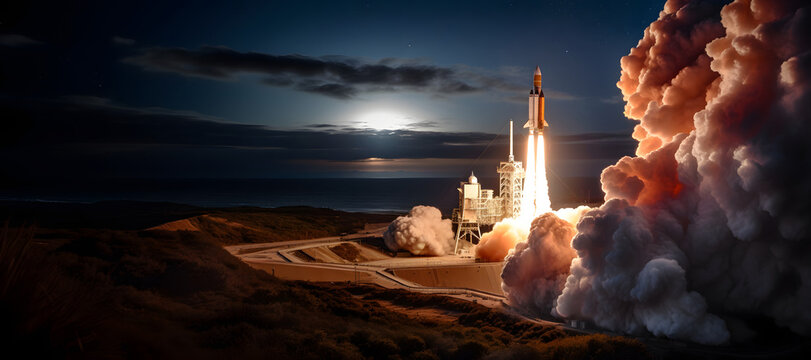 Spaceship takeoff from launch pad at night. Huge fire & smoke clouds produced by its propulsion. Copy space. 