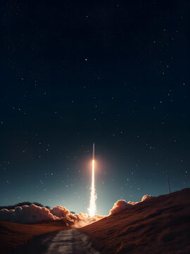 Rocket right after launch, vertical ascension through the stars of a night sky, heading to the moon, soon to be leaving Earth's atmosphere behind. Copy space. 