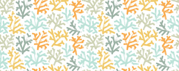 Pale colored seamless banner design with bold fir tree branches in primitive simple style.