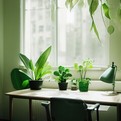 Wooden desk with potted plants on the background of a window. 