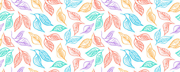 Fototapeta na wymiar Colorful linear leaves seamless banner design. Simple pen drawing of tropical leaves.