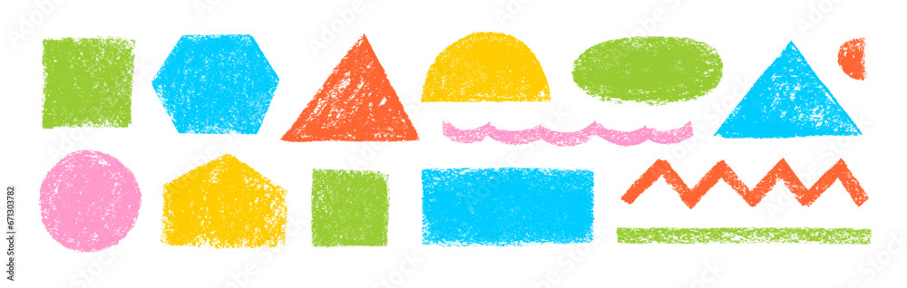 Poster set of colorful charcoal geometric basic shapes. hand drawn pencil or crayon texture.