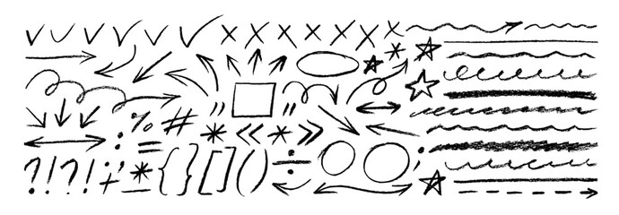 Hand drawn doodle design elements, charcoal or pencil drawn punctuation marks.