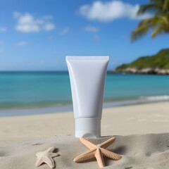 Blank white cosmetic tube on sand with starfish and beach background