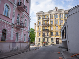 historical buildings and silent street in capital kyiv