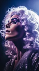 A fabulous drag queen with lavender hair staring in a show with dramatic stage lighting. Generative AI. 