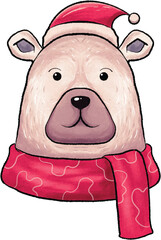cartoon bear celebrating christmas. background white bear head wearing a scarf during winter and snow. cute bear cartoon style water color. Bear t-shirt design