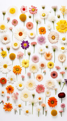 A bunch of different colored flowers on a white surface