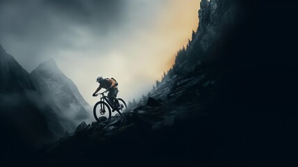 Obraz premium a man riding a bike on a mountain