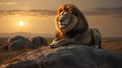 A male lion is sitting on the top of the rock lookin - Powered by Adobe