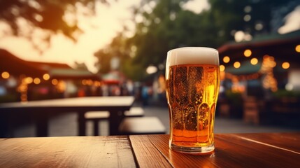 Fresh cold beer in glass and free space for your bottle  on a wooden table  blurred bokeh Bar interior festival background - obrazy, fototapety, plakaty