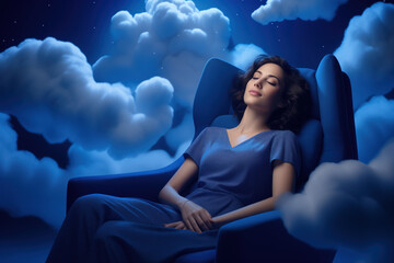 A young woman sleeps peacefully on a blue chair in the sky surrounded by clouds; it is essential to prioritize good sleep hygiene to improve our health and mental state - obrazy, fototapety, plakaty