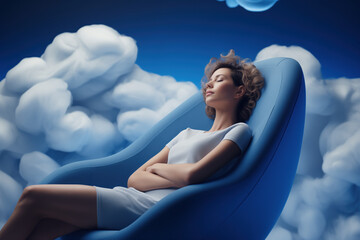 A young woman has fallen asleep in an armchair , dreaming that she is surrounded by giant cotton balls. Restful sleep prevents illnesses and strengthens the immune system - obrazy, fototapety, plakaty