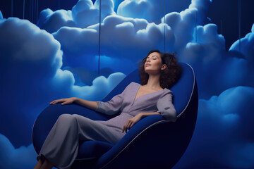 A woman enjoys her pleasurable sleep in an armchair , dreaming about clouds. Restful sleep rejuvenates us and enhances cognitive performance