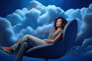 Foto op Plexiglas A young woman sleeps in an armchair surrounded by clouds. Restorative sleep rejuvenates us at night, resulting in better aerobic endurance upon waking up © SnapVault