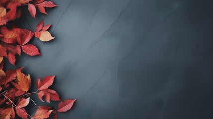 Autumn background with colored red leaves on blue s