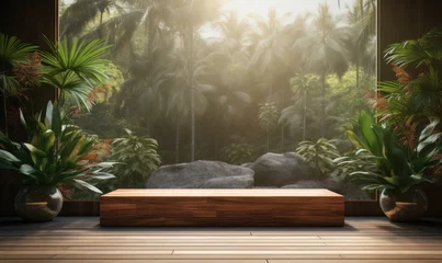 Fotobehang Realistic mockup podium with tropical scene for product display or showcase © Demolab