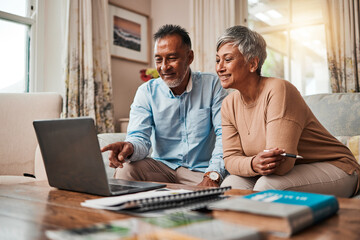 Mature couple, sofa and laptop for planning finance, retirement funding and investment or asset...