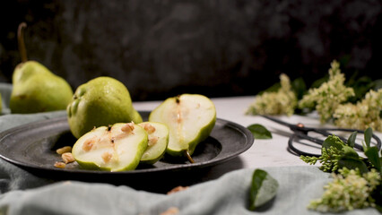 Metal plate with delicious ripe pears