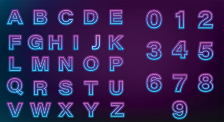 Glowing neon tube font. Latin letters from A to Z and numbers from 0 to 9. Pink to light blue gradient light.