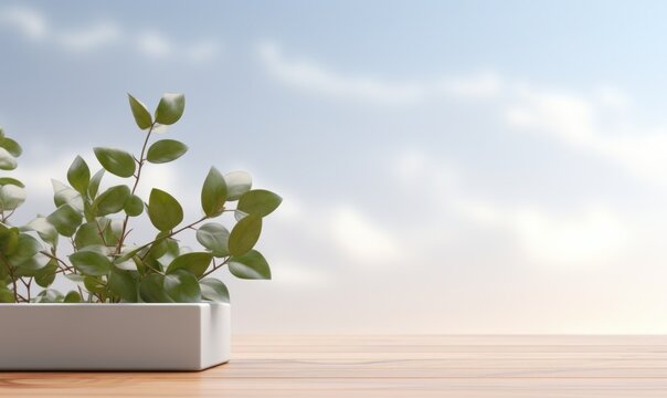 Empty wooden podium for display or product showcase with blurry background and nature scene