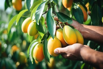 Close up shot of hands picking mangos from tree branch