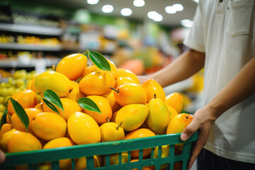 Supermarket worker carrying fresh mangos to shelves