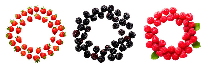 Strawberry, blackberry and raspberry circle frames over isolated transparent background