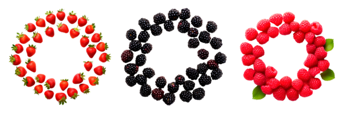 Strawberry, blackberry and raspberry circle frames over isolated transparent background