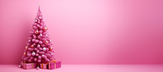 Pink and Fuchsia Christmas Tree on the pink background. Generative Ai