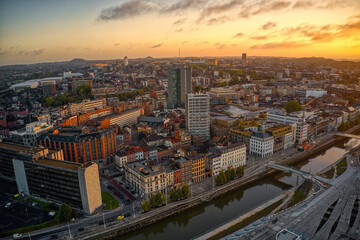 Fototapeta na wymiar Aerial View of Charleroi, Walloon, Belgium at Sunrise