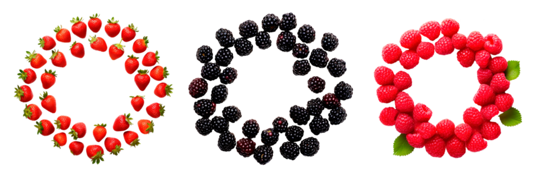 Strawberry, blackberry and raspberry circle frames over isolated transparent background