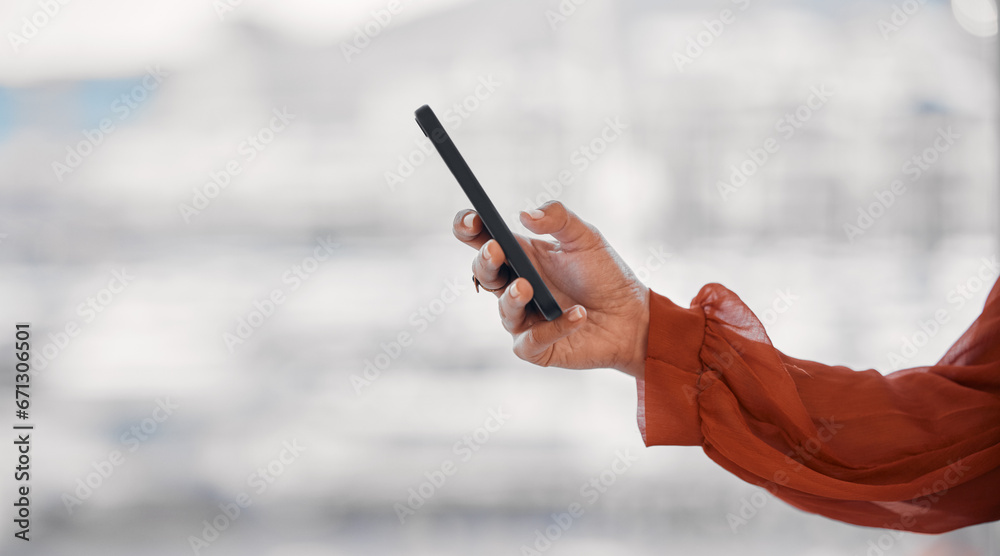 Poster closeup hand, phone and email of a person for business, social media or online app on bokeh. office,