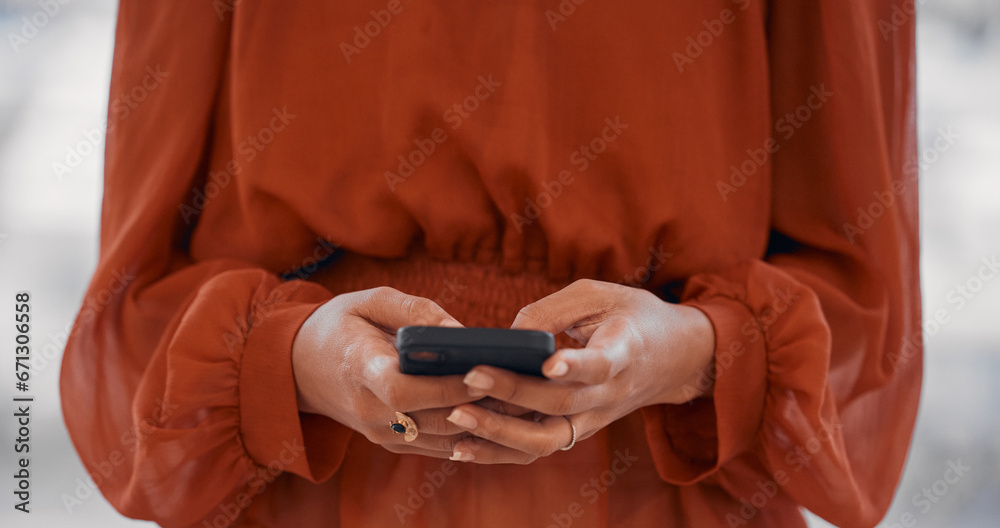 Poster woman, hands and typing in office with smartphone for social network, mobile website and digital con
