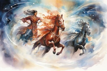 Whirling cyclone riders, harnessing the power of storms atop their magical steeds - Generative AI
